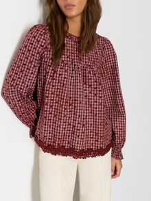 Nöista Womenswear Blouse With Checks/Dots Fabric With Hem Lace Trimming Detail, Ruffle Cuff. Perfect For Fall/Winter Country, Cute, Weekend Outfit  - Burgundy - View 4