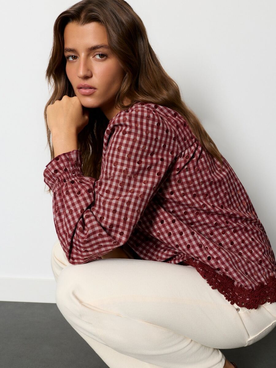Nöista Womenswear Blouse With Checks/Dots Fabric With Hem Lace Trimming Detail, Ruffle Cuff. Perfect For Fall/Winter Country, Cute, Weekend Outfit - Burgundy - View 1