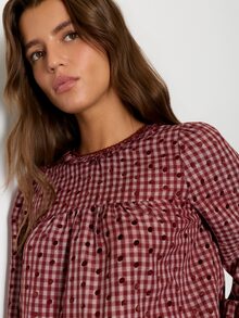 Nöista Womenswear Blouse With Checks/Dots Fabric With Hem Lace Trimming Detail, Ruffle Cuff. Perfect For Fall/Winter Country, Cute, Weekend Outfit  - Burgundy - View 5