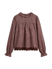 Nöista Womenswear Blouse With Checks/Dots Fabric With Hem Lace Trimming Detail, Ruffle Cuff. Perfect For Fall/Winter Country, Cute, Weekend Outfit  - Burgundy - View 8