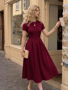 SHEIN MOD Navy Blue Cable Knit Texture Button Decor Round Neck Dress - Burgundy - View 3