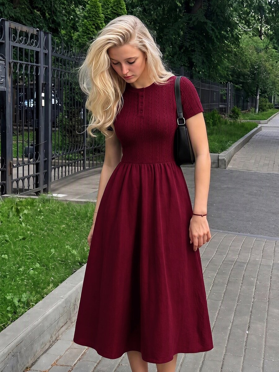 SHEIN MOD Navy Blue Cable Knit Texture Button Decor Round Neck Dress - Burgundy - View 1