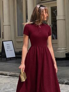 SHEIN MOD Navy Blue Cable Knit Texture Button Decor Round Neck Dress - Burgundy - View 5