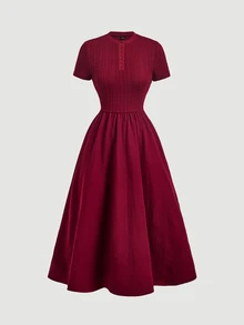 SHEIN MOD Navy Blue Cable Knit Texture Button Decor Round Neck Dress - Burgundy - View 2