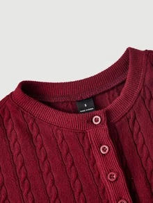 SHEIN MOD Navy Blue Cable Knit Texture Button Decor Round Neck Dress - Burgundy - View 7