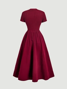 SHEIN MOD Navy Blue Cable Knit Texture Button Decor Round Neck Dress - Burgundy - View 4