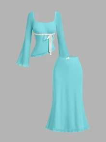 SHEIN MOD 女款綠松石色兩件套：不對稱下擺上衣與低腰魚尾裙，附蝴蝶結細節，度假海灘秋季仙女浪漫風 - 薄荷藍 - 查看 3