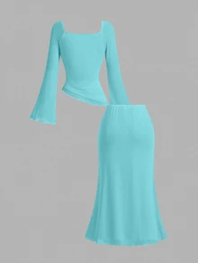 SHEIN MOD 女款綠松石色兩件套：不對稱下擺上衣與低腰魚尾裙，附蝴蝶結細節，度假海灘秋季仙女浪漫風 - 薄荷藍 - 查看 4