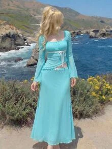 SHEIN MOD 女款綠松石色兩件套：不對稱下擺上衣與低腰魚尾裙，附蝴蝶結細節，度假海灘秋季仙女浪漫風 - 薄荷藍 - 查看 2