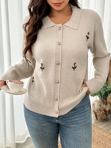 Linhara CURVE Plus Size Embroidered 3D Floral Lapel Slimming Versatile Long Sleeve Cardigan Sweater Winter - Apricot - View 4