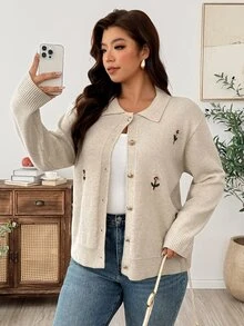Linhara CURVE Plus Size Embroidered 3D Floral Lapel Slimming Versatile Long Sleeve Cardigan Sweater Winter - Apricot - View 7