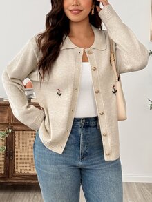 Linhara CURVE Plus Size Embroidered 3D Floral Lapel Slimming Versatile Long Sleeve Cardigan Sweater Winter - Apricot - View 6