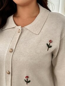 Linhara CURVE Plus Size Embroidered 3D Floral Lapel Slimming Versatile Long Sleeve Cardigan Sweater Winter - Apricot - View 5