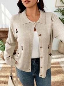 Linhara CURVE Plus Size Embroidered 3D Floral Lapel Slimming Versatile Long Sleeve Cardigan Sweater Winter - Apricot - View 3