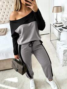 Weeklong Plus Size Women Asymmetric Collar Colorblock Casual Daily Sports Commute Set, Autumn/Winter Fall - Multicolor - View 3