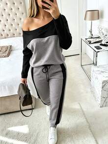 Weeklong Plus Size Women Asymmetric Collar Colorblock Casual Daily Sports Commute Set, Autumn/Winter Fall - Multicolor - View 1