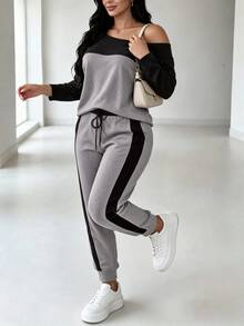 Weeklong Plus Size Women Asymmetric Collar Colorblock Casual Daily Sports Commute Set, Autumn/Winter Fall - Multicolor - View 5