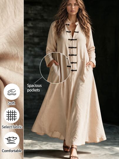 Linhara CURVE Vestido Maxi Casual de Línea A con Cuello Alto, Botones de Rana, Bolsillos Laterales y Manga Larga para Mujer Talla Grande, Adecuado para el Desplazamiento Diario en Otoño