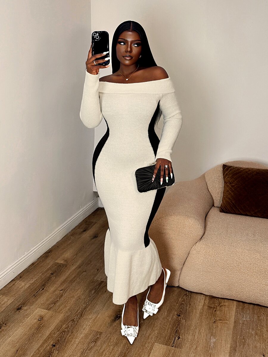 Selianne Women's Off-Shoulder Fitted Long Sleeve Slimming Knit Dress, French Style Mermaid Hem Bodycon Midi Dress - Apricot - View 1
