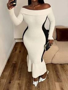 Selianne Women's Off-Shoulder Fitted Long Sleeve Slimming Knit Dress, French Style Mermaid Hem Bodycon Midi Dress - Apricot - View 5