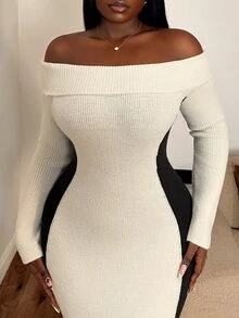 Selianne Women's Off-Shoulder Fitted Long Sleeve Slimming Knit Dress, French Style Mermaid Hem Bodycon Midi Dress - Apricot - View 4