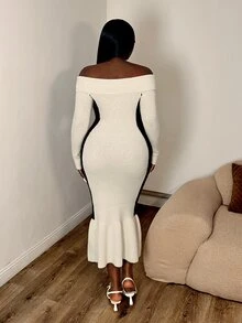 Selianne Women's Off-Shoulder Fitted Long Sleeve Slimming Knit Dress, French Style Mermaid Hem Bodycon Midi Dress - Apricot - View 2