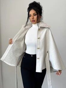 SHEIN Clasi Elegant Light Grey Detachable Fur Collar Metal Buckle Decorative Regular Shawl For Women's Fall And Commuting. Office Dinner - Beige - View 3