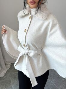 SHEIN Clasi Elegant Light Grey Detachable Fur Collar Metal Buckle Decorative Regular Shawl For Women's Fall And Commuting. Office Dinner - Beige - View 4