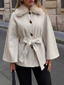 SHEIN Clasi Elegant Light Grey Detachable Fur Collar Metal Buckle Decorative Regular Shawl For Women's Fall And Commuting. Office Dinner - Beige - View 1