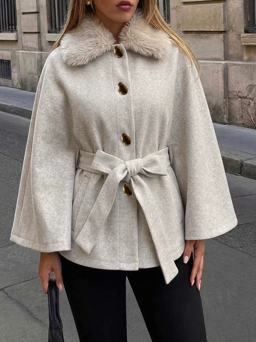 SHEIN Clasi Elegant Light Grey Detachable Fur Collar Metal Buckle Decorative Regular Shawl For Women's Fall And Commuting. Office Dinner - Beige - View 1