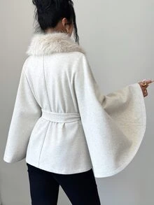 SHEIN Clasi Elegant Light Grey Detachable Fur Collar Metal Buckle Decorative Regular Shawl For Women's Fall And Commuting. Office Dinner - Beige - View 2