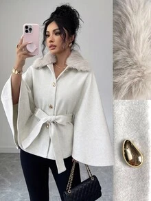 SHEIN Clasi Elegant Light Grey Detachable Fur Collar Metal Buckle Decorative Regular Shawl For Women's Fall And Commuting. Office Dinner - Beige - View 7