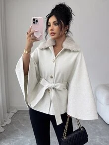 SHEIN Clasi Elegant Light Grey Detachable Fur Collar Metal Buckle Decorative Regular Shawl For Women's Fall And Commuting. Office Dinner - Beige - View 8