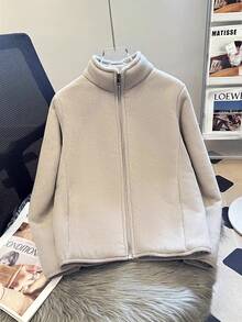 SHEIN Franclia Autumn/Winter New Extra Thick Lamb Fleece Stand Collar Zip-Up Jacket, Can Be Worn As Inner Layer, Suitable For Daily Casual Commute - Apricot - View 7