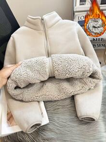 SHEIN Franclia Autumn/Winter New Extra Thick Lamb Fleece Stand Collar Zip-Up Jacket, Can Be Worn As Inner Layer, Suitable For Daily Casual Commute - Apricot - View 3