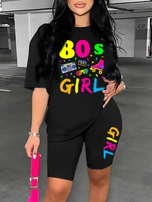 Zolique Women's Letter Printed Round Neck T-Shirt And Shorts Set - Black - View 1