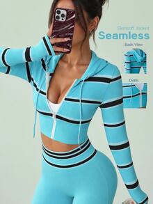 SHEIN Sovereign Charm Women's Striped Long Sleeve Zip-Up Drawstring Hooded Sports Jacket - Baby Blue - View 3