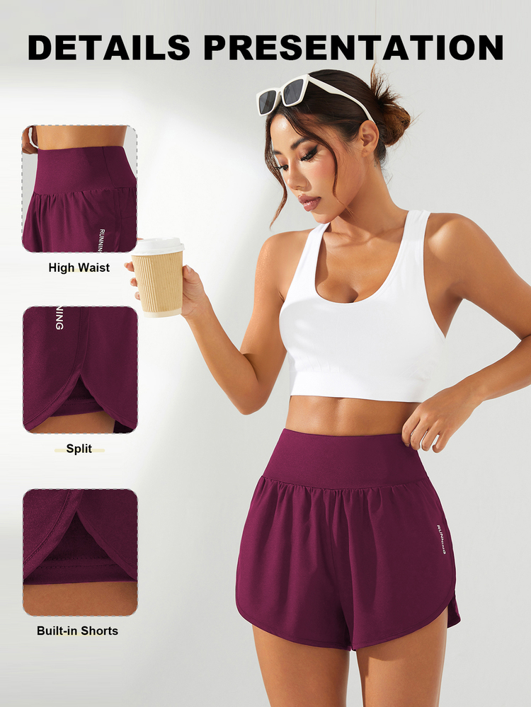 Eassivo Eassivo High Waist Slit Hem Sports Shorts For Chinese New YearWomen Sweat Short, Gym Short, Biker Short - Burgundy - View 2