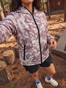 Exploreva Exploreva Women's Camouflage Pattern Zipper Front Hooded Outdoor Softshell Jacket - Dusty Pink - View 4