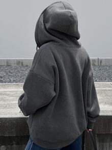 Dazy Plus Plus Size Letter Embroidered Loose Fit Double Zipper Thermal Lined Thick Hooded Sweatshirt - Dark Grey - View 2