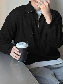 DAZY 春秋款黑色羅紋針織面料立領半拉鍊長袖男士套頭運動衫連帽衫 - 黑色 - 查看 3