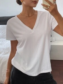 Livesso 女款純色V領短袖休閒基礎寬鬆T恤，商務休閒學院風上衣，薄款日常旅行夏季白色 - 白色 - 查看 3