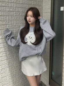 FRIFUL Women's Cartoon Dog Print Round Neck Drop Shoulder Long Sleeve Casual Sweatshirt - Grey - View 6