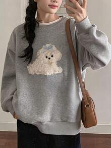 FRIFUL Women's Cartoon Dog Print Round Neck Drop Shoulder Long Sleeve Casual Sweatshirt - Grey - View 8