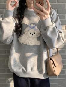 FRIFUL Women's Cartoon Dog Print Round Neck Drop Shoulder Long Sleeve Casual Sweatshirt - Grey - View 11