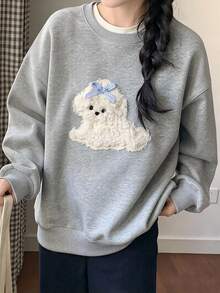 FRIFUL Women's Cartoon Dog Print Round Neck Drop Shoulder Long Sleeve Casual Sweatshirt - Grey - View 10