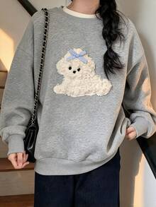 FRIFUL Women's Cartoon Dog Print Round Neck Drop Shoulder Long Sleeve Casual Sweatshirt - Grey - View 3