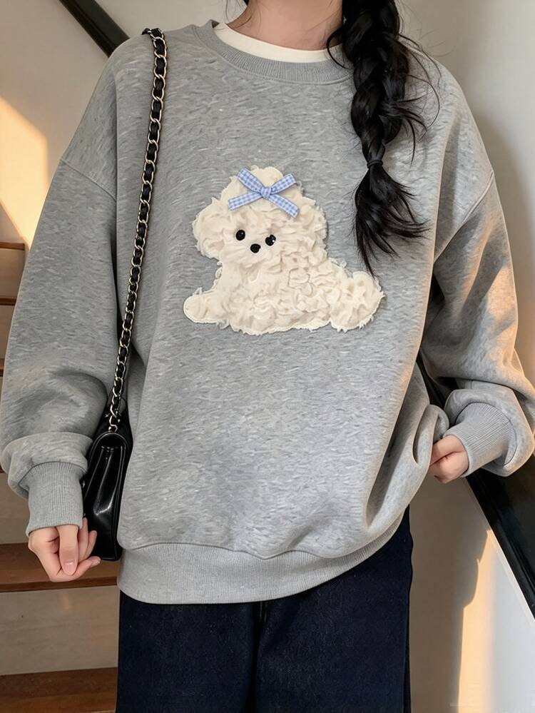FRIFUL 女款卡通狗圖案圓領落肩長袖休閒衛衣 - 灰色 - 查看 3