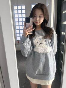 FRIFUL Women's Cartoon Dog Print Round Neck Drop Shoulder Long Sleeve Casual Sweatshirt - Grey - View 4