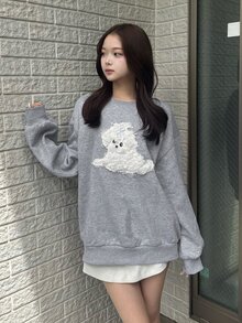 FRIFUL Women's Cartoon Dog Print Round Neck Drop Shoulder Long Sleeve Casual Sweatshirt - Grey - View 9